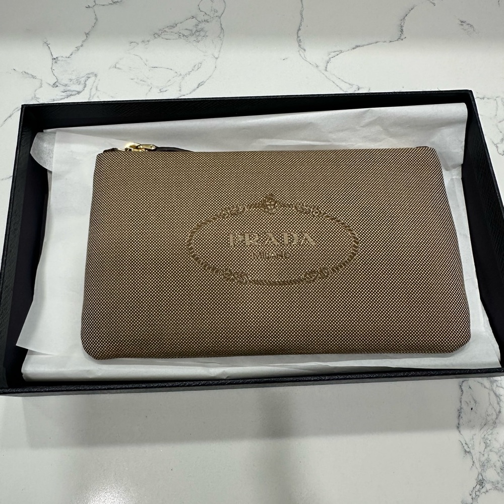 Prada Logo Jacquard Beige Canvas Small Flat Pouch Clutch Bag - Picture 8 of 8